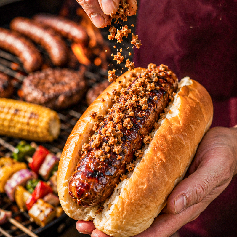 Billington's Gingerbread crumb being sprinkled onto a hotdog containing gingerbread Cumberland sausages