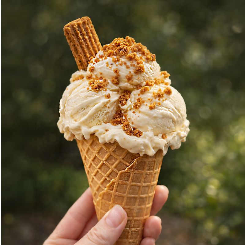 Vanilla ice cream cone topped with Billington's Gingerbread biscuit crumbs and a gingerbread finger biscuit.